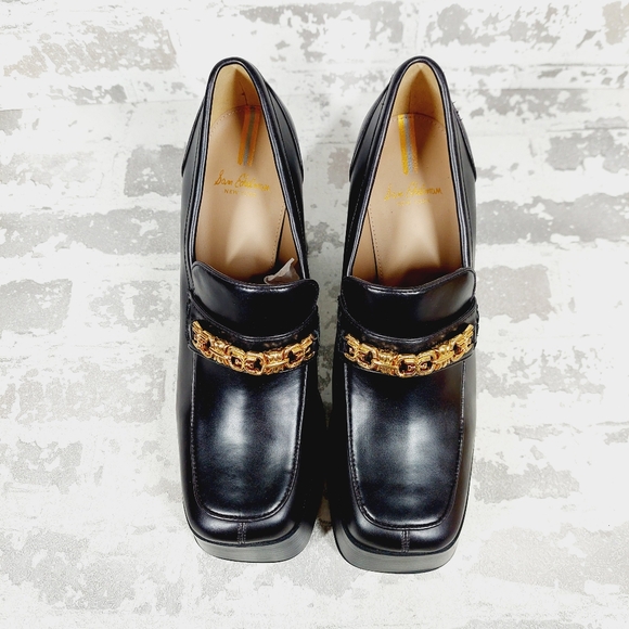 New SAM EDELMAN Rowe Platform Black Faux Leather Heeled Loafers i 622 - Picture 9 of 13